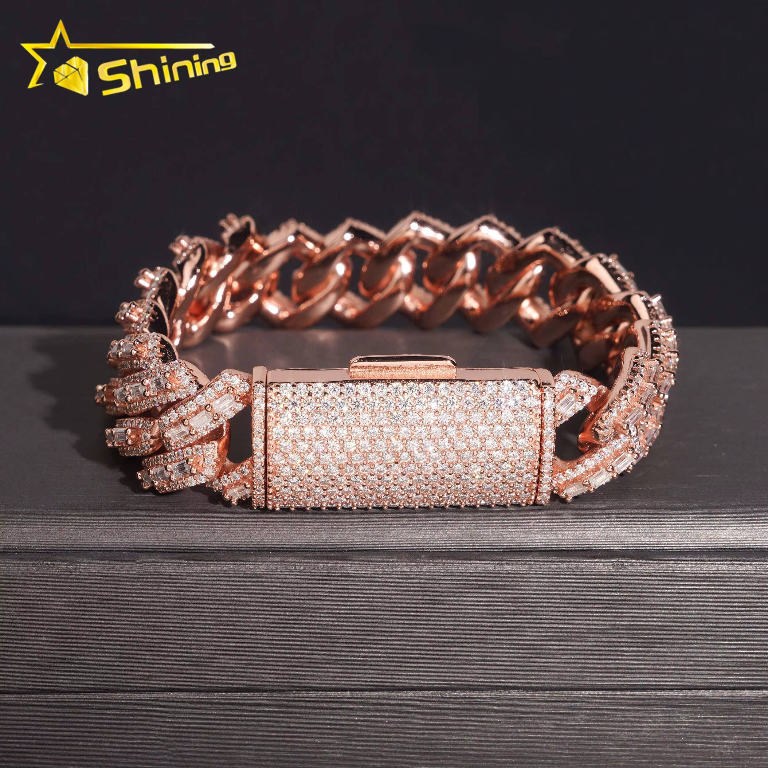 Pass Diamond Tester Baguette Moissnaite 16mm Mens Cuban Bracelet S925 Gold Plated Luxury Cuban Link Chain Hip Hop Jewelry Designer's style