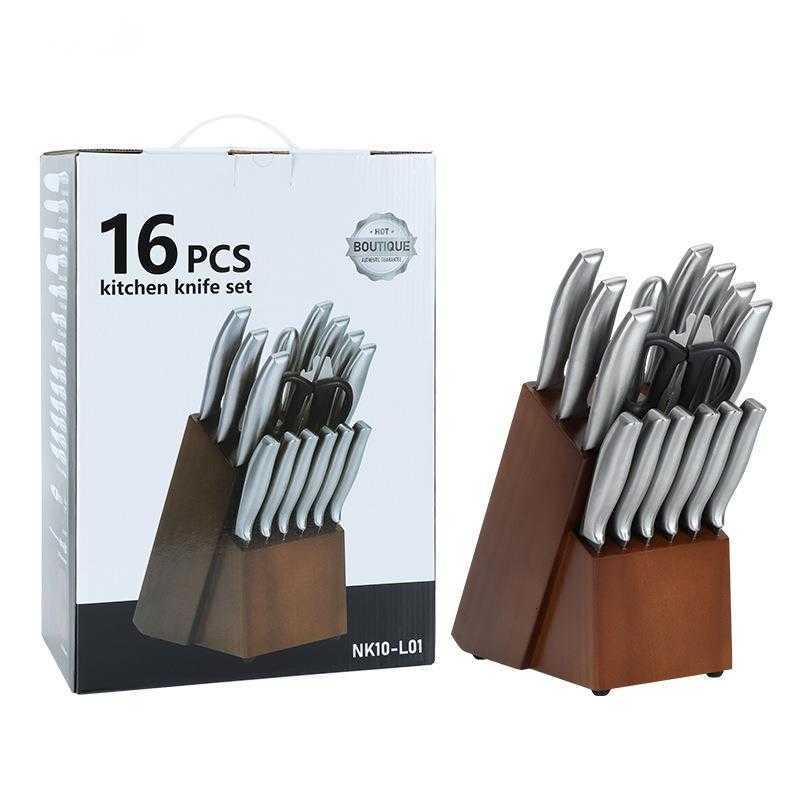 Stainless steel kitchen knife set - 16-piece set for home use, featuring multi-functional cutting knives and a wooden knife holder.X250125