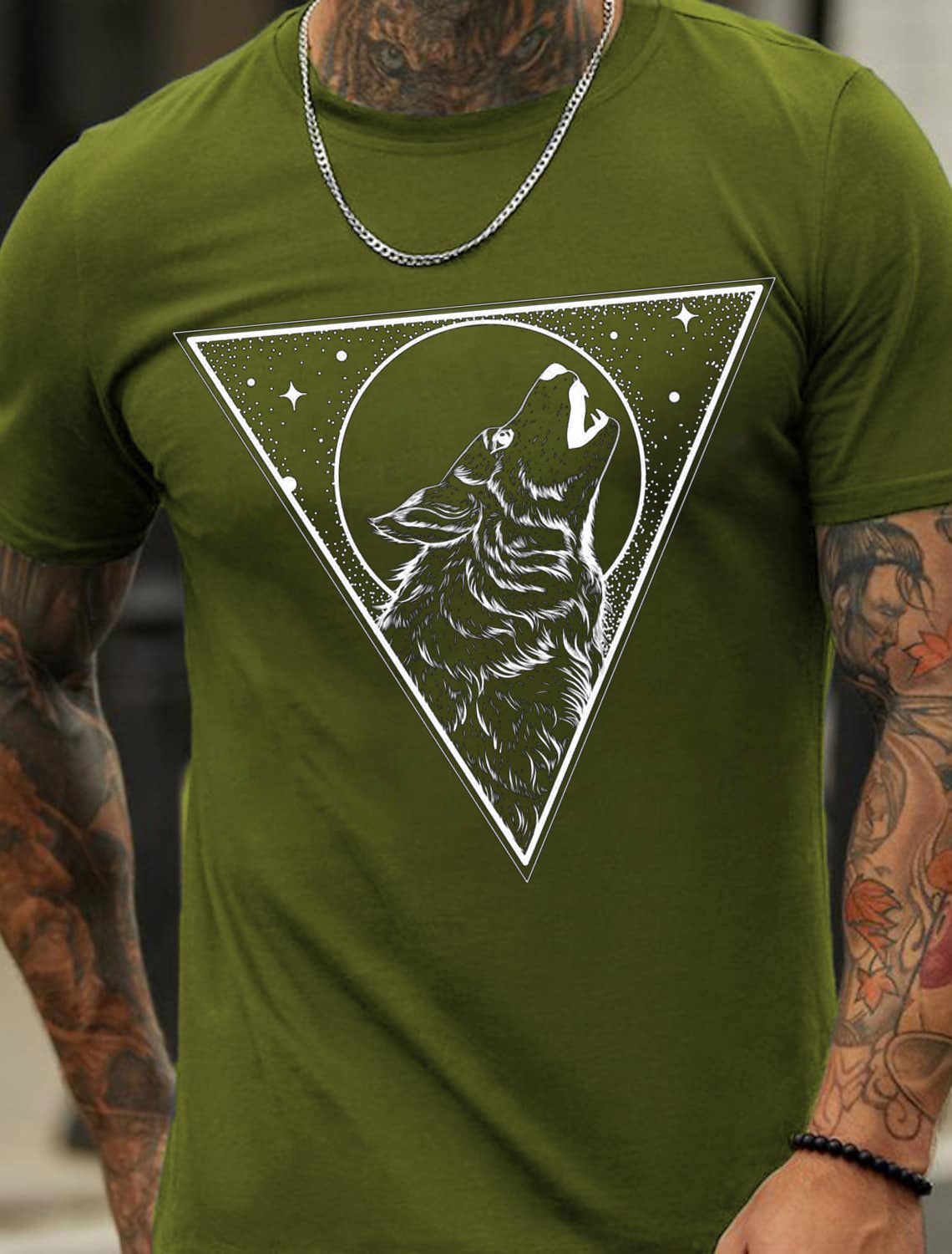 European & American Oversized Wolf Moon Print Men's Cotton Summer T-Shirt - TT7186