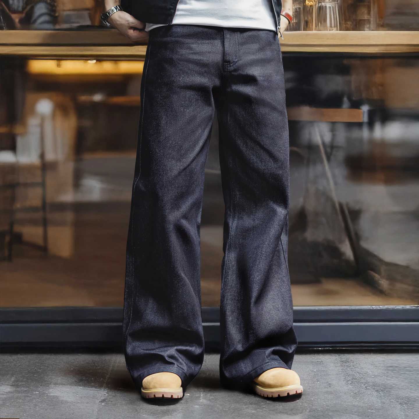 Maden Vintage Mens 156oz Selvedge Raw Denim Jeans Wide Leg Trousers with YKK Zipper Fly Straight Fit Jeans for Fall and Winter J251030