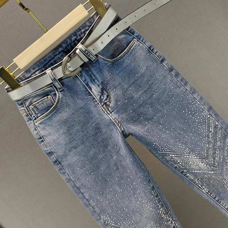 Womens Rhinestone Skinny Jeans High Waist 9 Points Pants Denim Overalls Elastic Heavy Industry Spring Autumn 251029
