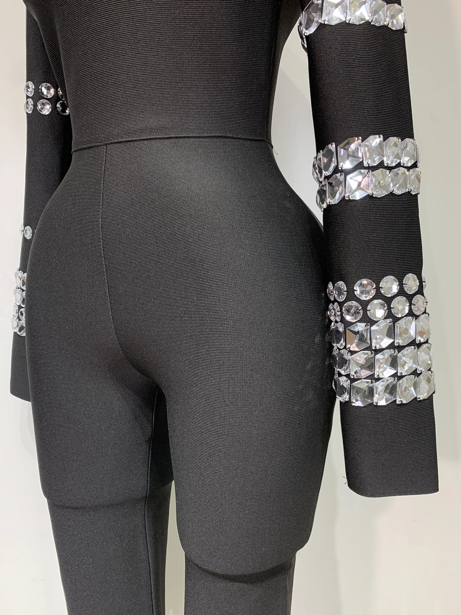 Sparkly Diamonds Long Sleeve Black Bodycom Bandage Jumpsuit Fashion Woman Party Outfit Nightclub Performance Costume 251027