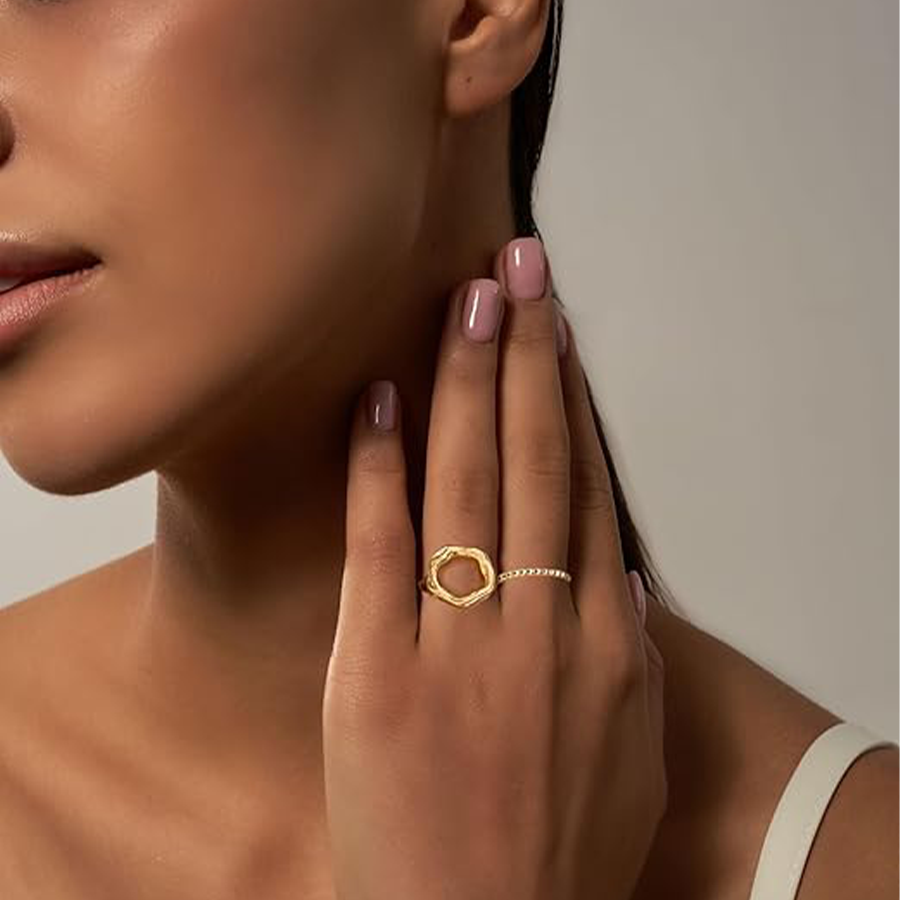 12Pcs Gold Stackable Rings 18K Gold Plated Chunky Knuckle Finger Ring Geometric Bead Cloud Wave Flower Hollow Statement Bands Signet Open Rings Adjust