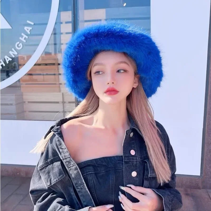 Big Oversized Fluffy Faux Fur Bucket Hats for Women Plush Fisherman Hat Winter Warm Thicken Coldproof Panama Cap Y2k 251028