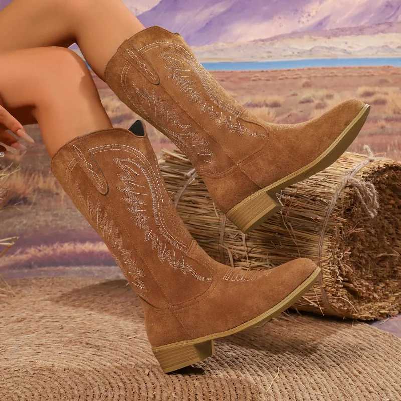 Western Embroidered Knight Boots Winter Womens Retro Style Roung Head Thick Heel VMid Calf Boots New Hot Sale of Women Shoes Z251029