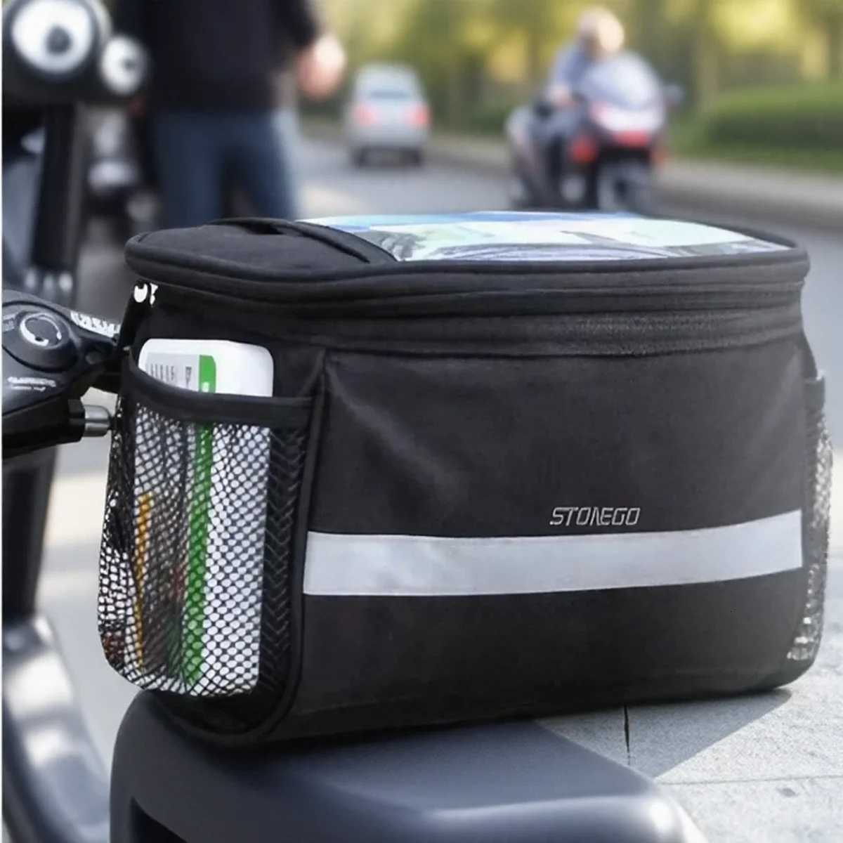 Waterproof Bike Front Handlebar Bag with Reflective Strip and Mesh Pouches for Mountain and Road Biking Safety and Navigation H251029