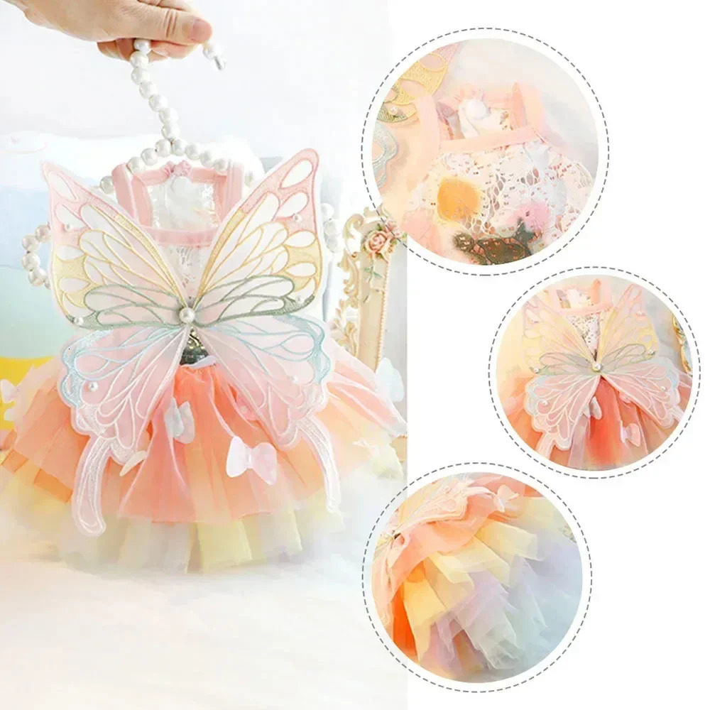 Summer Girls Pet Dog Cat Dress Sweet Sling Waist Wrapped Colorful Butterfly Mesh Back Big Wings Princess Dress for Kitten Puppy 251029