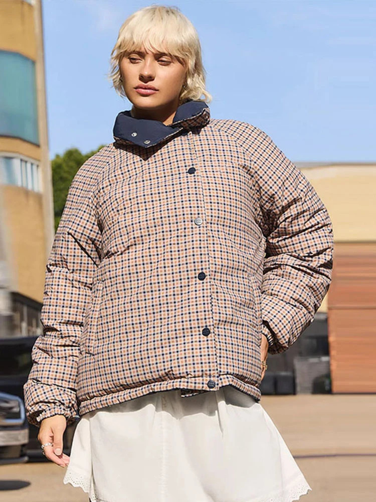 Cute Womens Plaid Padded Jacket Lapel Cotton Coat Winter Warm Oversized Full Sleeve Checked Outerwear 2025 High Street Outfit 251112