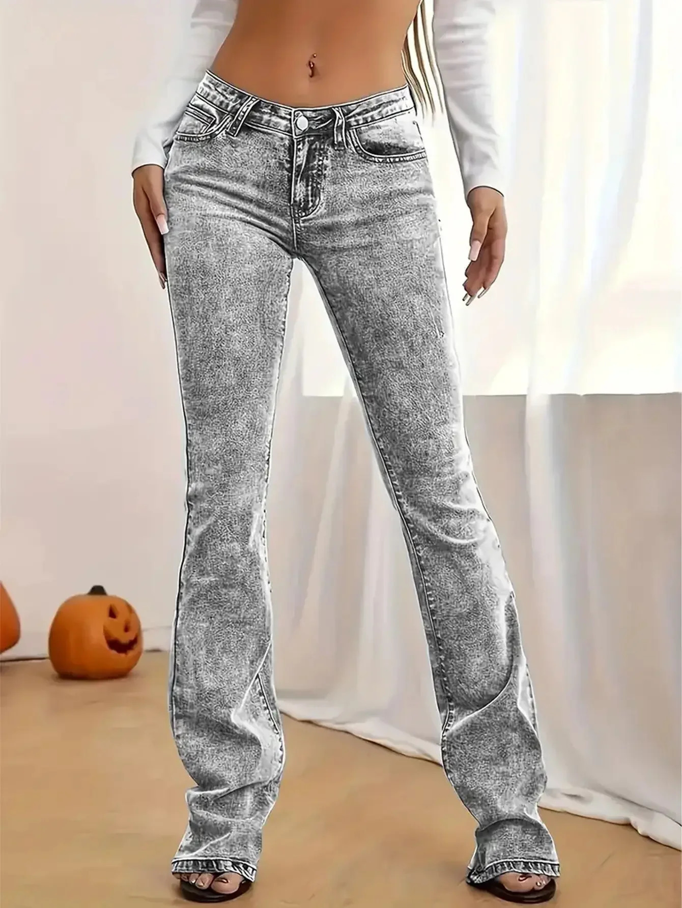 Jeans for Woman Y2k Jeans Gray Stretch Flared Minimalist Comfort Fit Retro Style High Waist Vintage Fashion Trendy 251029