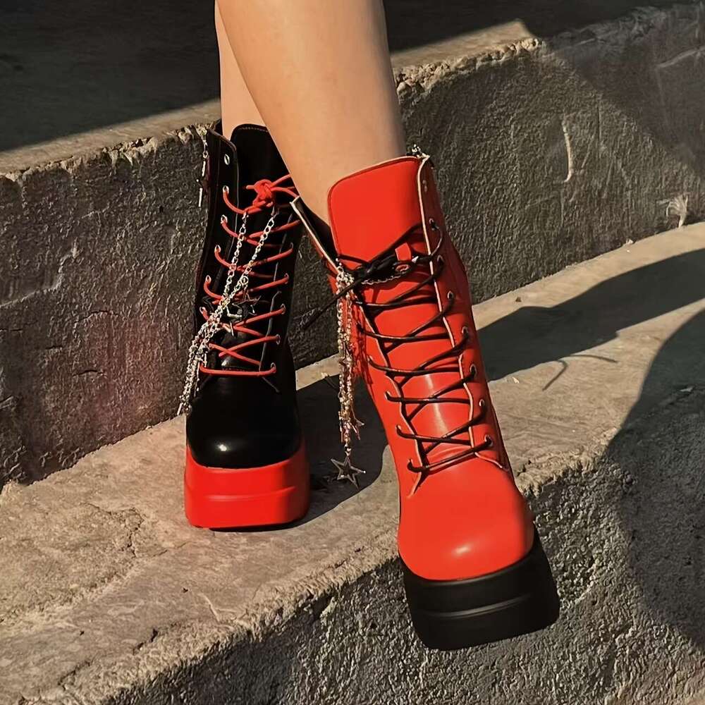 Women's Gothic Punk High - Red & Black Lace-Up With Chain Dangling Decor, All-Season Performance Short Boots, Casual Platform Heel | Laceup Boots