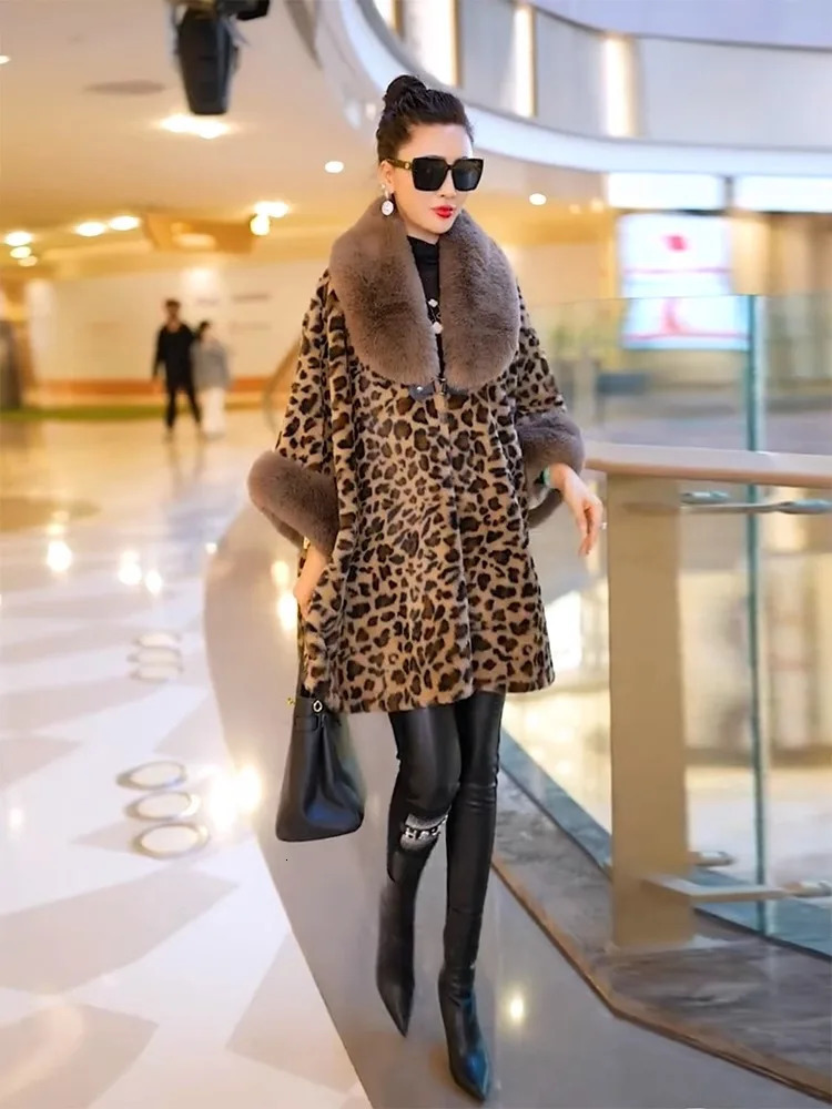 Soft Warm Furry Classic Leopard Faux Fur Cape Coat Long Fashion Batsleeve Cloak Winter Women Wraps Overcoat 251029