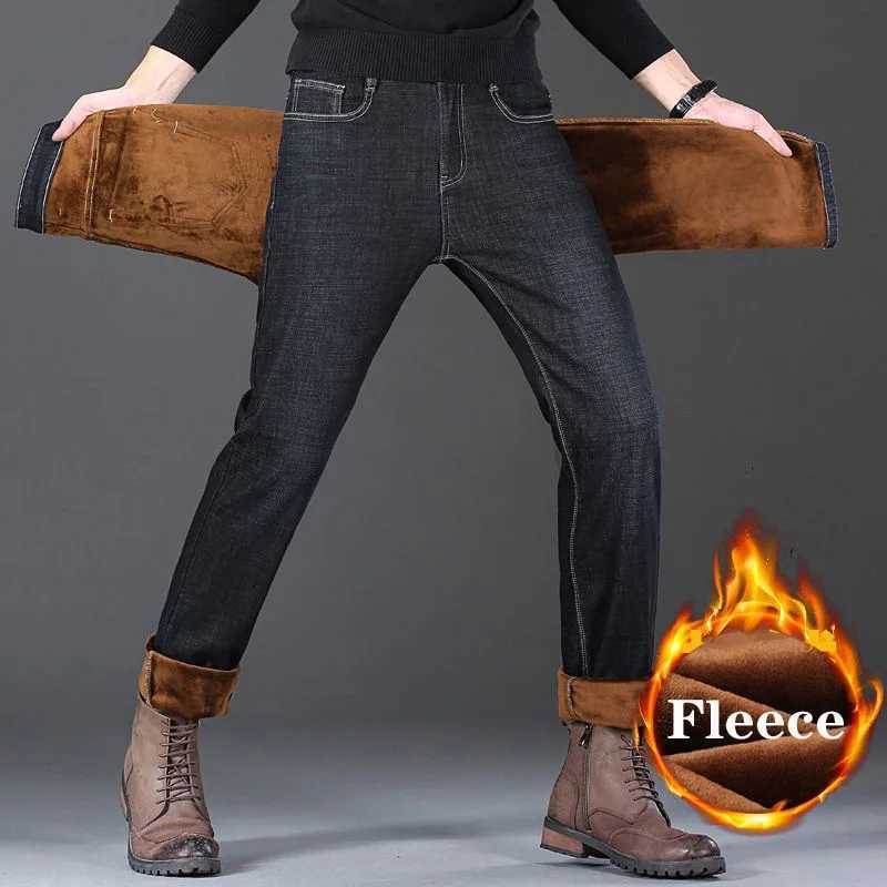 Brand Autumn Winter Warm Flocking Denim Soft Man Activities Fleece Line Men Jeans Black Blue Grey Colors J251030