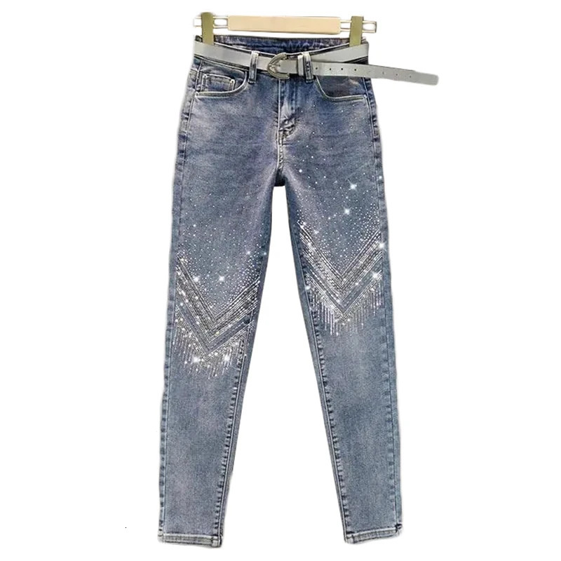 Womens Rhinestone Skinny Jeans High Waist 9 Points Pants Denim Overalls Elastic Heavy Industry Spring Autumn 251029