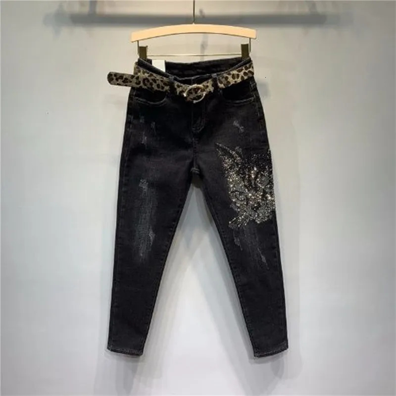 Spring Autumn Women Vintage Black Loose Diamonds High Waisted Jeans Streetwear Anklelength Denim Pants Trousers 251029