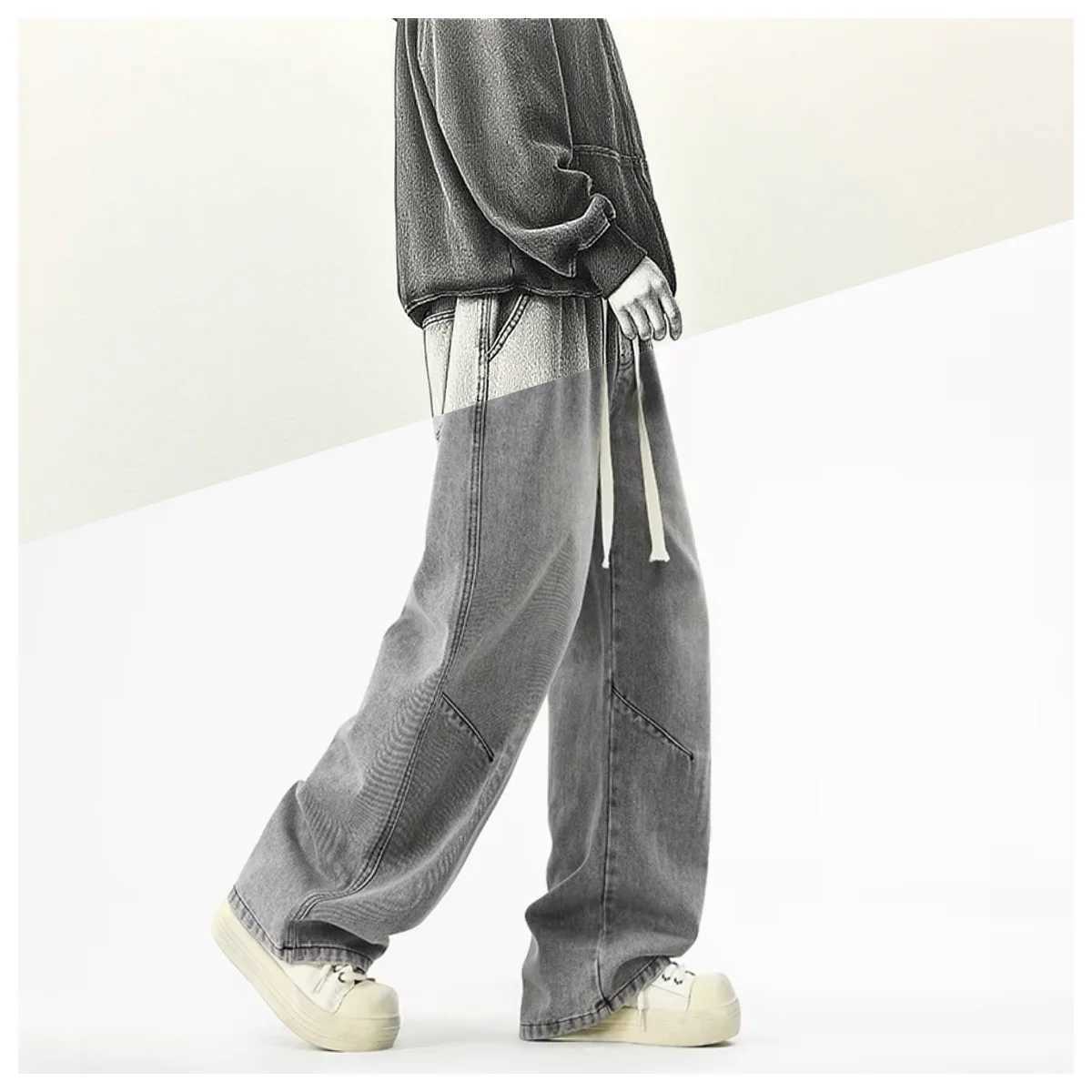 2025 Hiphop Baggy Denim season elastic waist New Korean Mens Jeans American Loose Fit Wideleg Straight Casual Trousers Street J251030
