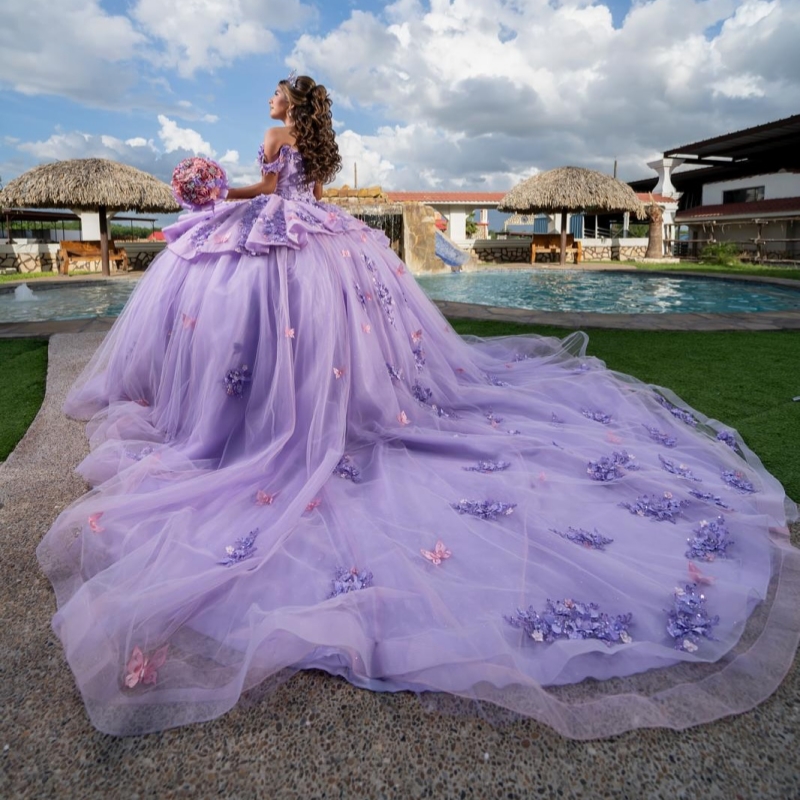 Lavender Shiny Quinceanera Dresses Off The Shoulder Applique Flower Bow Beading Tull Party Birthday Sweet 16 Dress Vestidos 15 Anos