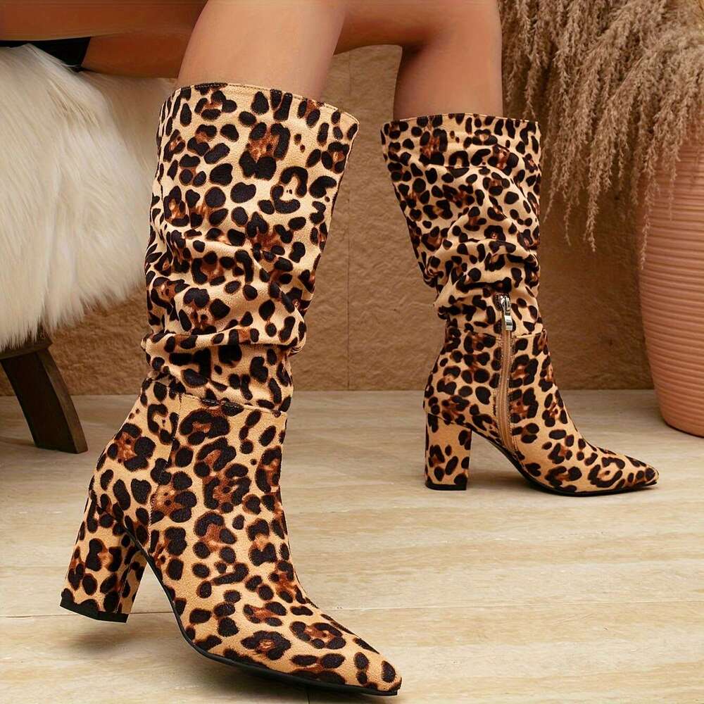 Women's Heel Boots With Leopard Print, Pointed Toe, Block Zipper Closure, Winter All-Season, Flannel Upper, Mesh Inner, Rubber Sole, High Heel, H
