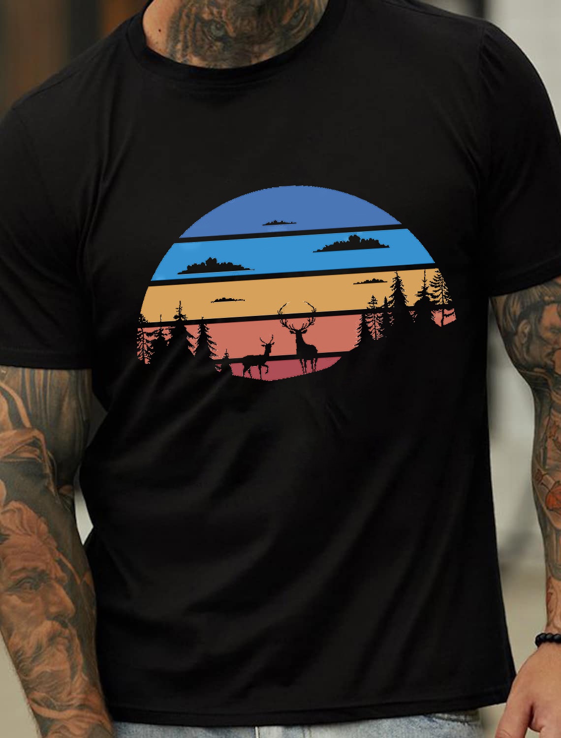 European & American Oversized Vintage Deer and Tree Print Fashionable Men's Cotton Summer T-Shirt - TT7086