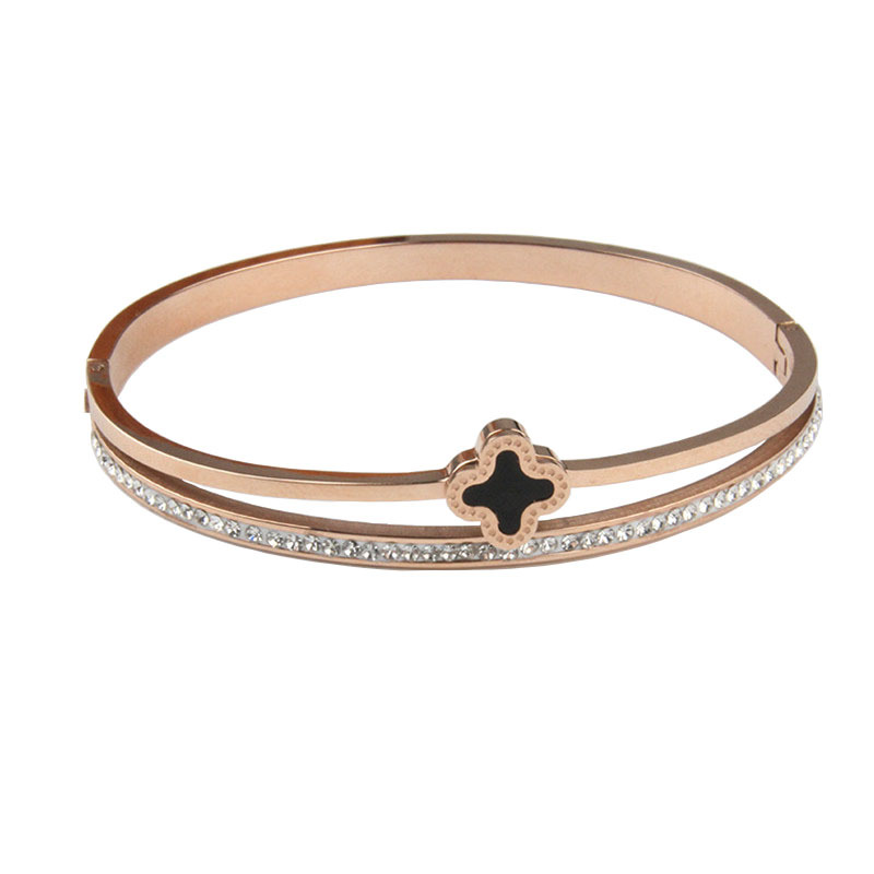 TaiYang New Stainless Steel Clover Bracelet, Single Row Crystal Accents Rose Gold Plated Bangle for Women