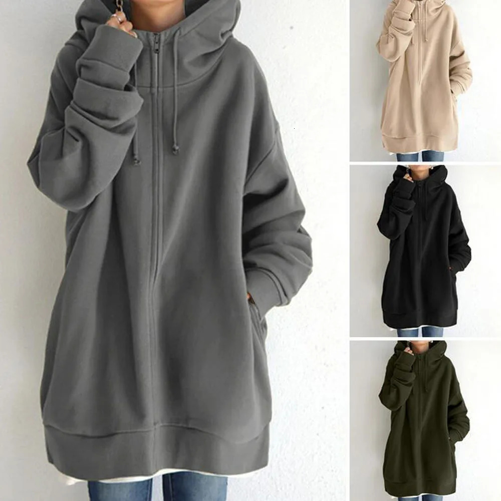 Oversized S5XL Women Loose Hooded Coats Autumn Female Tie Collar Long Sleeve Zipper Up Add Velvet XLong Sweatshirt JYFSHS0714 251030