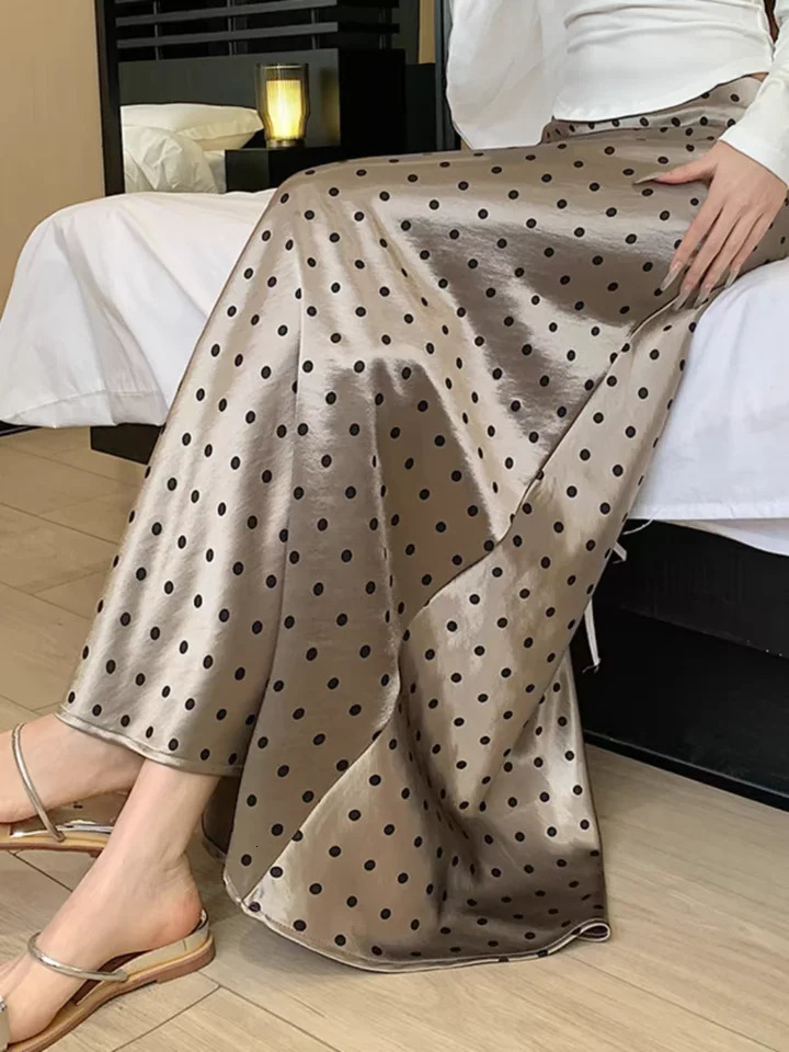 Women Polka Dot Acetate Satin Mermaid Maxi Skirt HighWaisted Slimming Fishtail Hem with Draped Elegance for Spring Autumn 251028