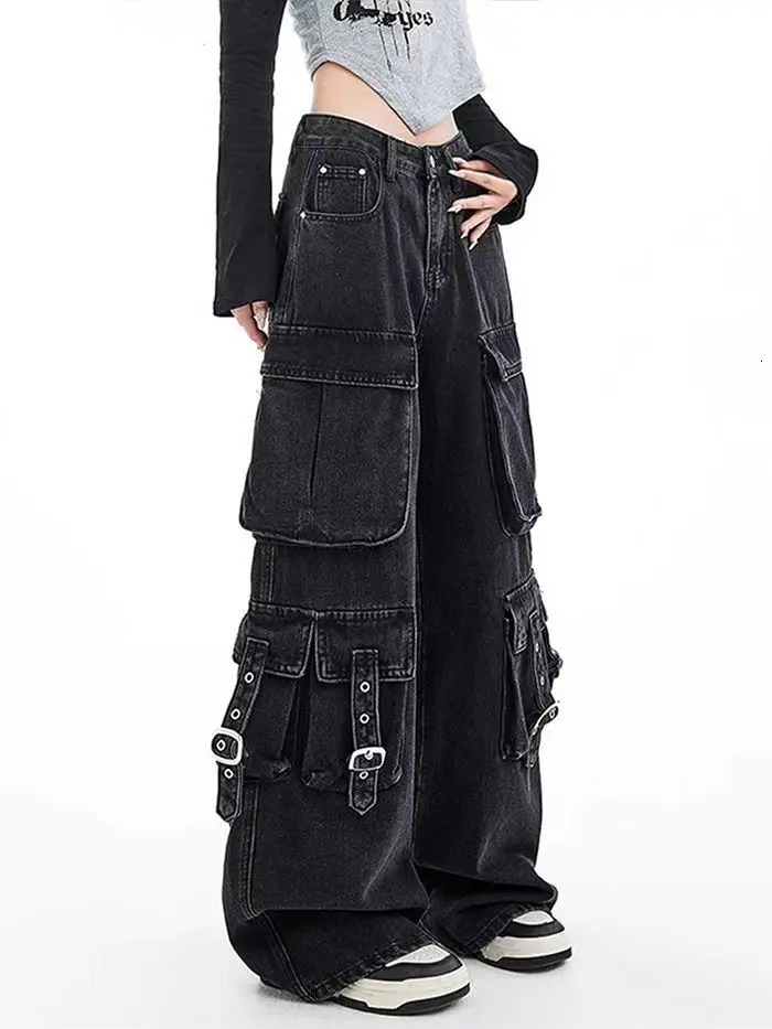 Black Gothic Punk MultiPocket Zipper Denim Jeans Men And Women Y2K American Baggy Fashion High Waist Loose WideLeg Jeans 251029