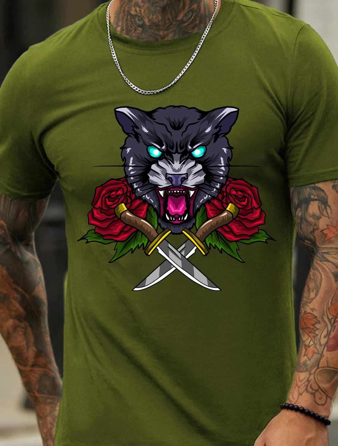 European and American Oversized Animal Print Leopard Head Rose Floral Men's Cotton Summer T-Shirt - TT7060