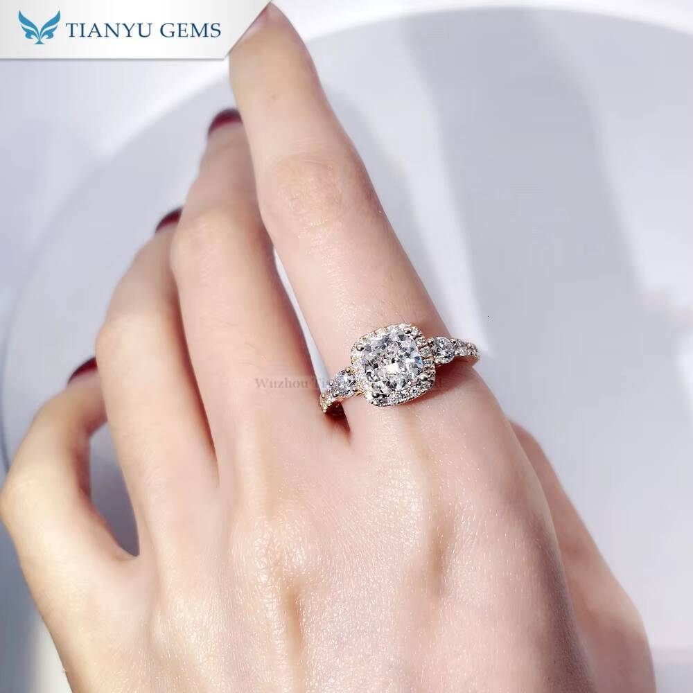 Tianyu Gems 14k Yellow Gold Cushion Moissanite Diamond D VVS1 with halo and 34 Band Ring for Women Engagement Ring