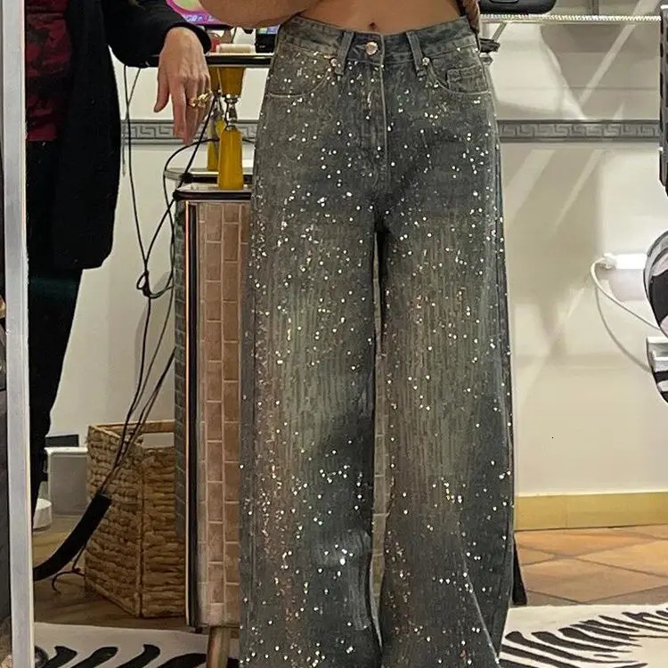 American Fashion Rhinestone Straight Leg Wide Jeans Trendy Vintage Loose Jeans Harajuku Style Hip Hop Pants Baggy Jeans Women 251029