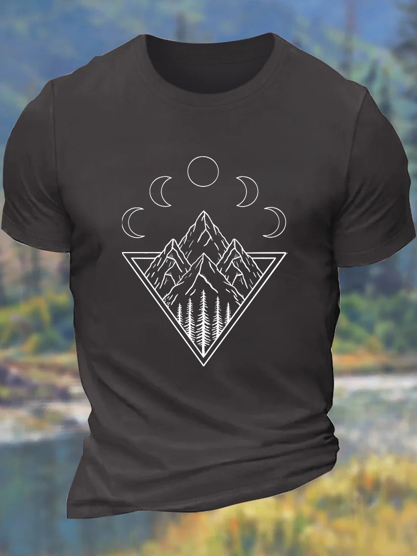 European & American Oversized Men's Moonlit Mountain Line Pattern Crew Neck Loose-Fit Casual T-Shirt - TT7530