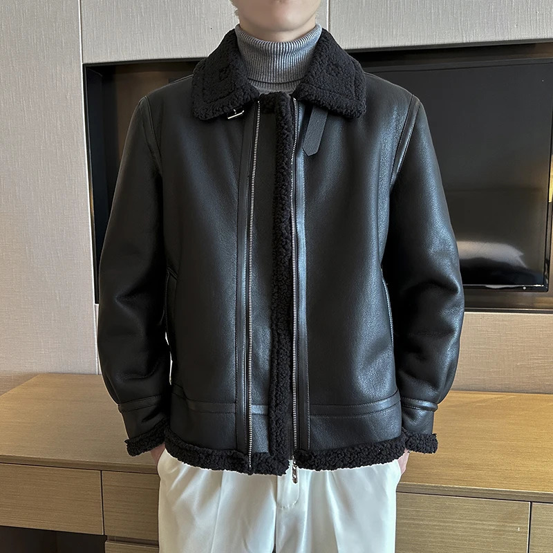 Autumn and winter warm thick leather jacket for mens trendy slim fit lapel motorcycle suit 251029