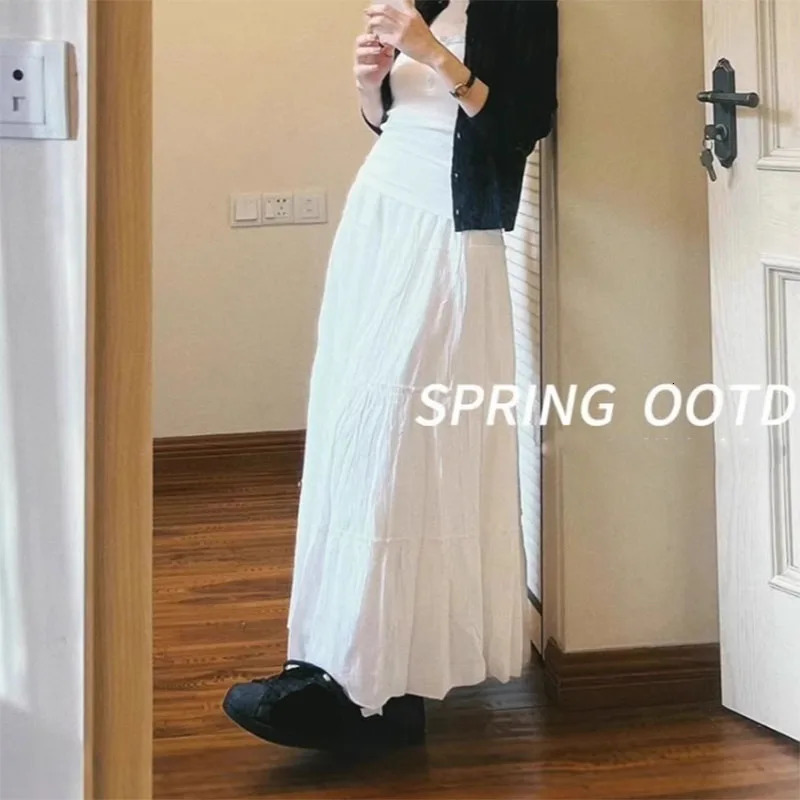 Spring Summer Women Long Skirts Fashion High Waist Elastic Patchwork ALine Skirt Casual AllMatch White Cake Maxi Skirts Female 251028