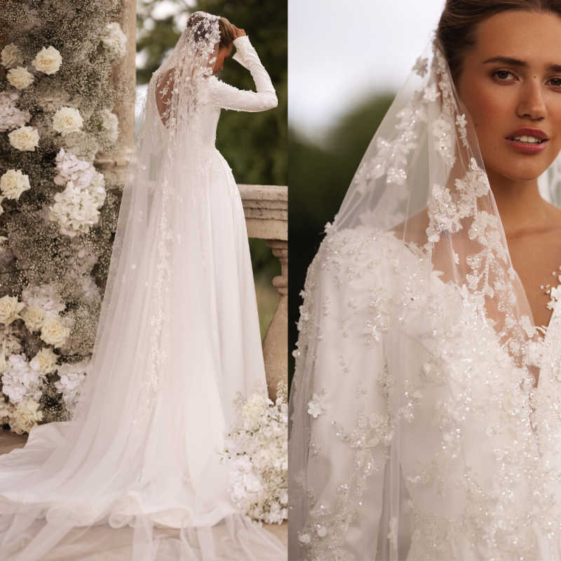 Graceful One Layer Sequins Bridal Veils Long Cathedral Length Pearls Appliques Wedding Veils Customized Velo De Novia