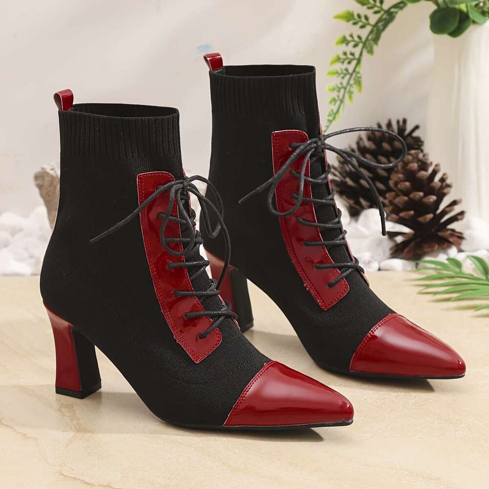 Black And Red Classic Combination Pointed Women's High Short Thick Heels With Adjustable Laces Comfortable Street Shoes Outdoor Boots