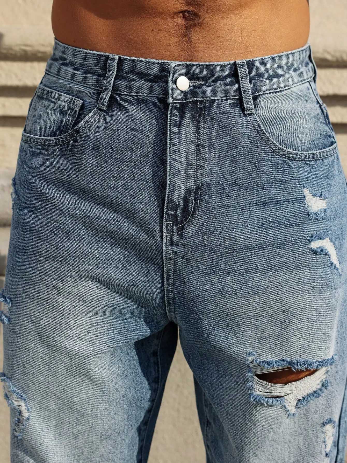 Mens blue ripped jeans retro distressed beggar pants street trend loose harem pants J251030