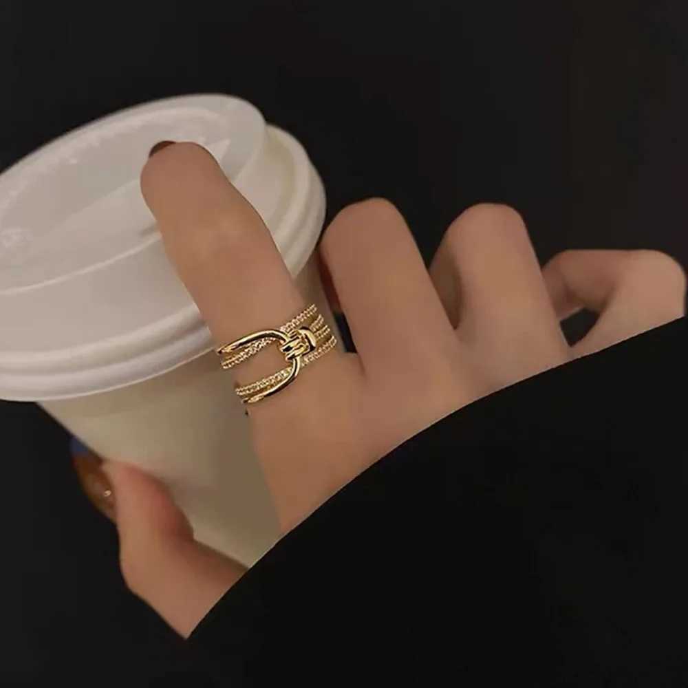 Luxury Double Layers Zircon Rings for Women Gold Plated Opening Stainless Steel Ring 2023 Trend Aesthetic Party Wedding JewelryW251030