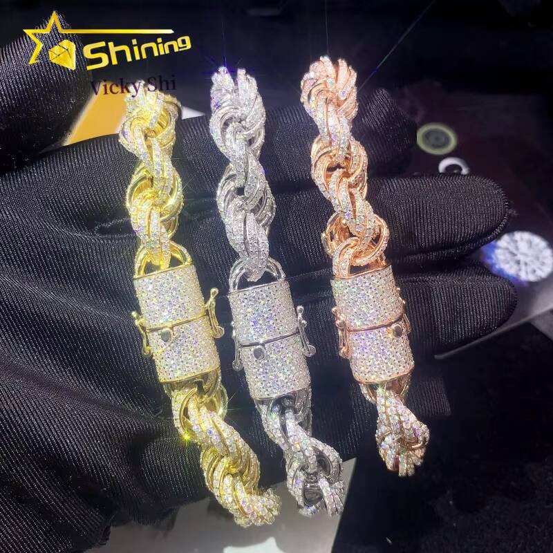 Moissanite Hip Hop Jewelry Gold Plated 6MM10MM VVS Moissanite Rope Chain S925 Silver Men Moissanite Bracelet