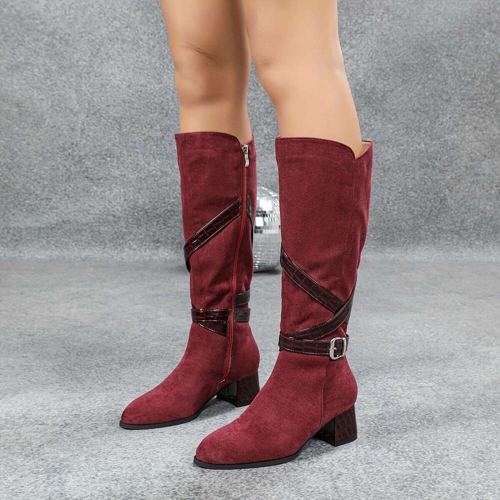 Elegant Bury Knee-High With Chunky Heel, Side Zipper, And Buckle Straps - Women's Round Toe Winter Knight Boots, High Heel Boots