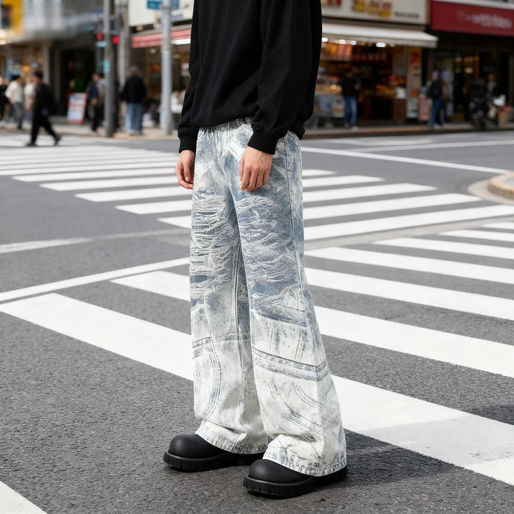 2025 Autumn New American Fashion 3D Digital White Loose Jeans Dirty Printed Jeans Mens Casual Straight Leg Floor Pants J251030