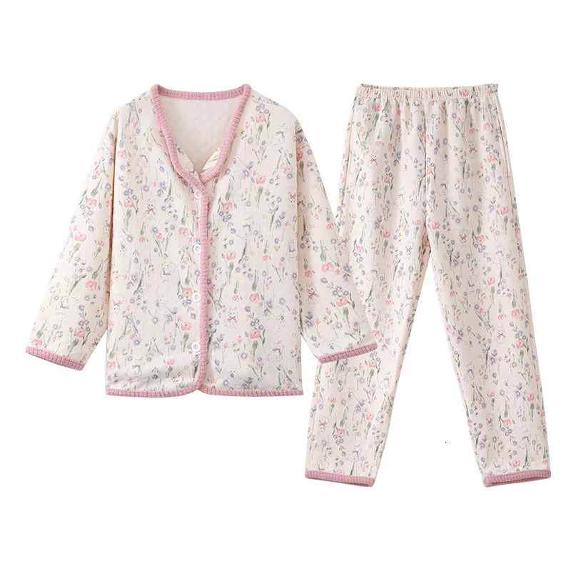 Womens Winter Pajama Set Layered Cotton with Pink PipingFloral Print Lightweight Warmthair Cotton Homewear Thermal Pajamas 251029