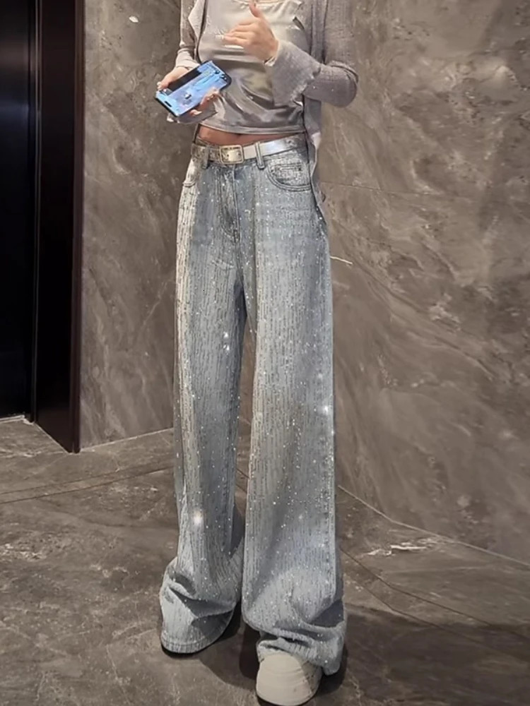 Womens Summer Star Diamond Jeans n Sense High Waist Loose Wide Leg Pants Casual Floor Trendy Long Pants 251029