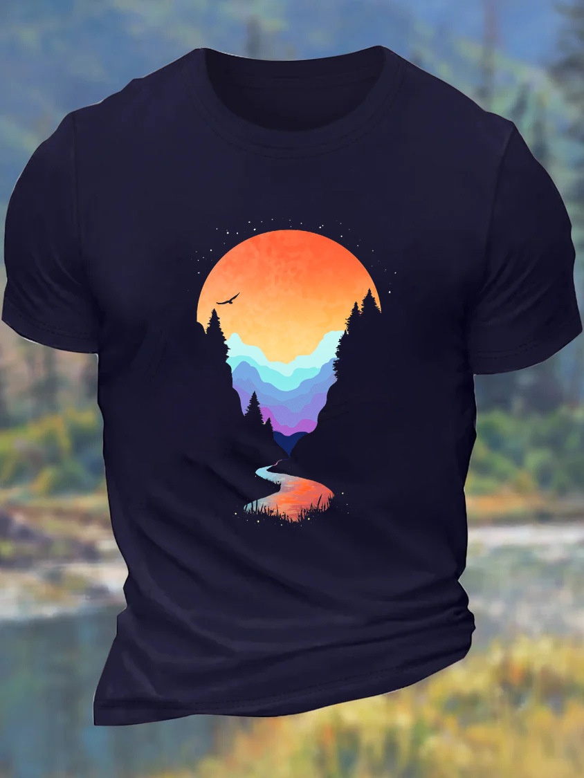 Europe & USA Oversized Men's Forest & Mountain Fun Cotton Crew Neck Relaxed Fit Casual T-Shirt - TT7527