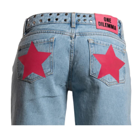 ONE DILEMMA American Fashion Jeans Womens Red Five Pointed Star Sequined Rivet Baggy Jeans Y2K Casual Mid Rise Slim Trousers 251029