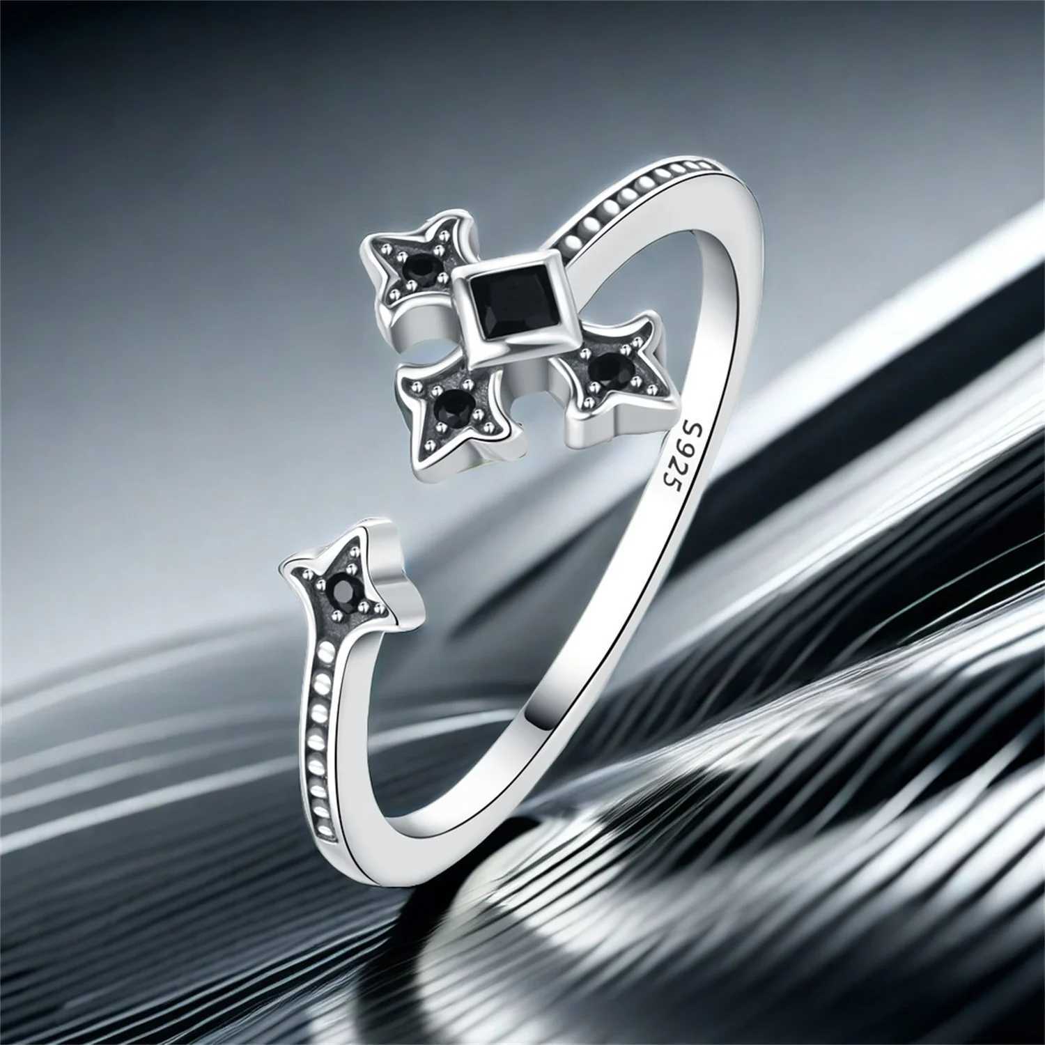 Orstarry S925 Sterling Silver Black Zircon Cross Opening Ring For Women Finger Ring Jewelry Party Fine Trendy GiftsW251030