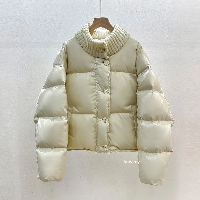 Winter Knit Half Polo Turtle Neck Cropped Puffer Jacket Women Thicken Warm Zipper Up White Duck Down Bread Coat 251023