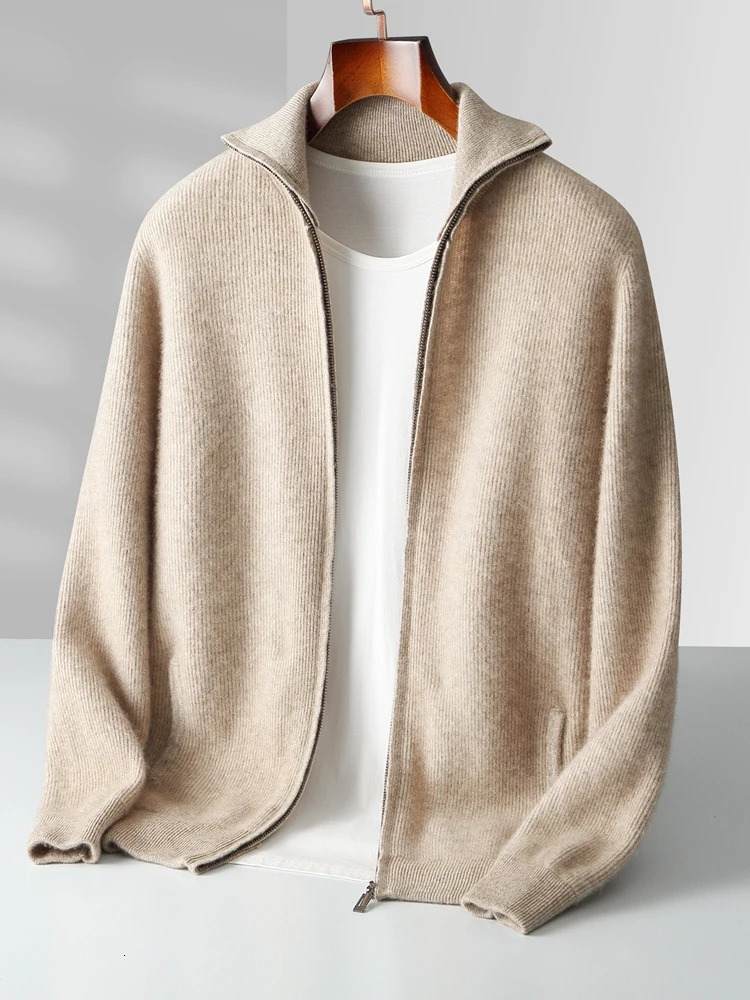 Autumn Winter 100 Merino Wool Cardigan Sweater Mens Turndown Collar Zipper Pocket Soild Smart Casual Knitwear Jackets Soft 251017