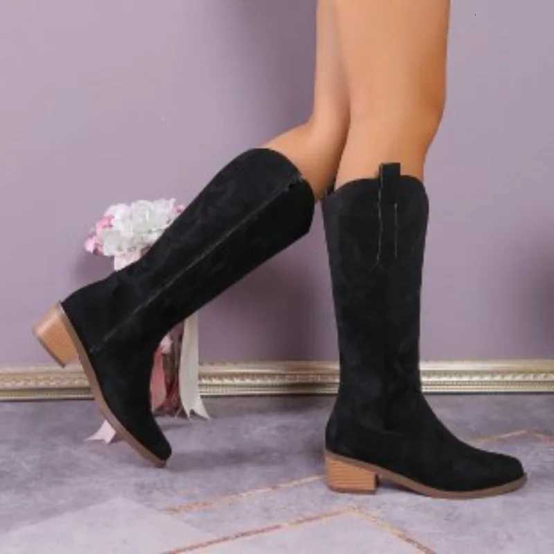Embroidered Western Cowboy Boots for Women Autumn Pointed Toe Thick Heel High Knee Boots Woman Loose PU Leather Long Botas Mujer Z251029
