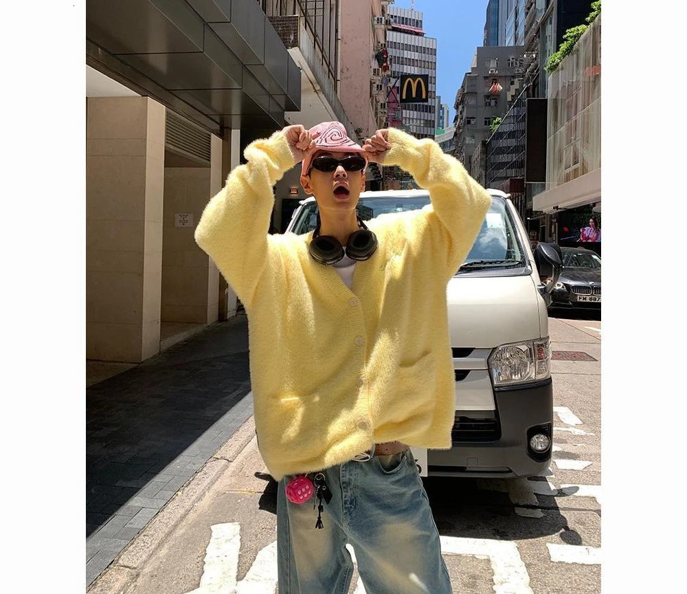 Autumn and Winter Soft Waxy Sweater Dopamine Color Mohair Knitted Cardigan Street Casual Men and Women Couple Lazy Sweater 251029