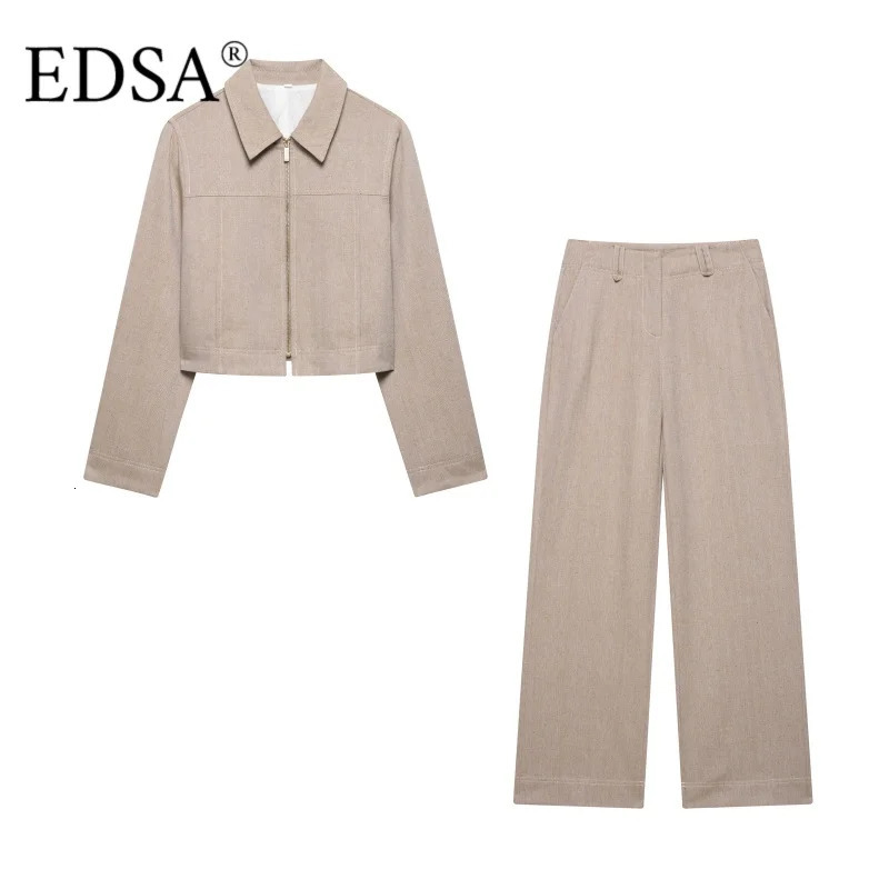 EDSA Women Khaki Herringbone Pants Set Cropped Jacket Long Sleeves Side Zip Lowrise Straight Leg Long Trousers Female Suits 251028