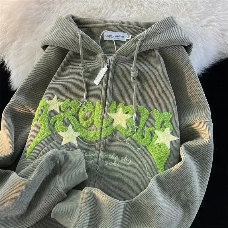 Corduroy Embroidery Loose Hoodies Women Autumn Long Sleeve Tops Zipper Hood Shirt Harajuku Y2K Clothes Female Sweatshirt Jacket 251030